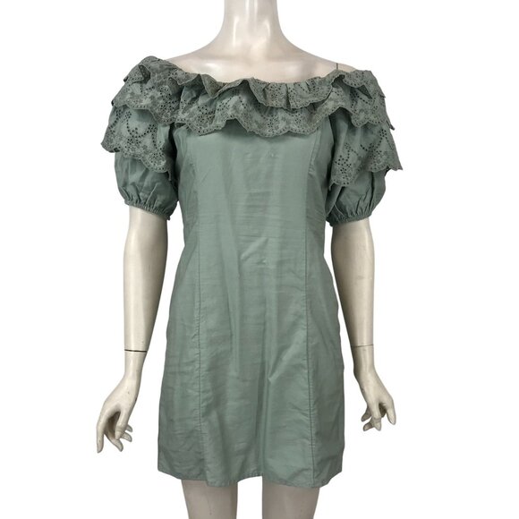 Topshop Dresses & Skirts - TOPSHOP - WOMEN'S 6 - GREEN SHORT SLEEVE ROUND EYELET RUFFLE NECK COTTON DRESS